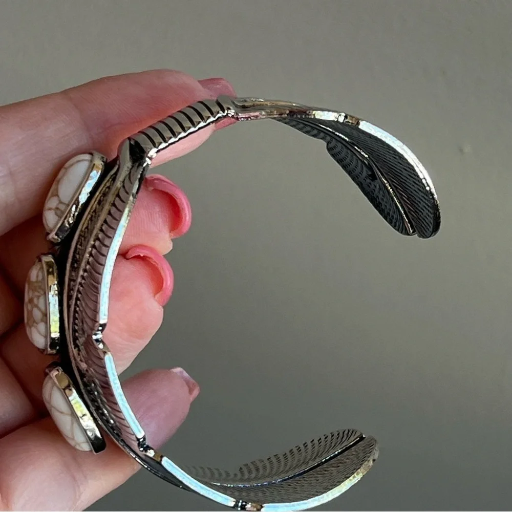 Cuff Bracelet silver tone and cream colored stones, fashion jewelry